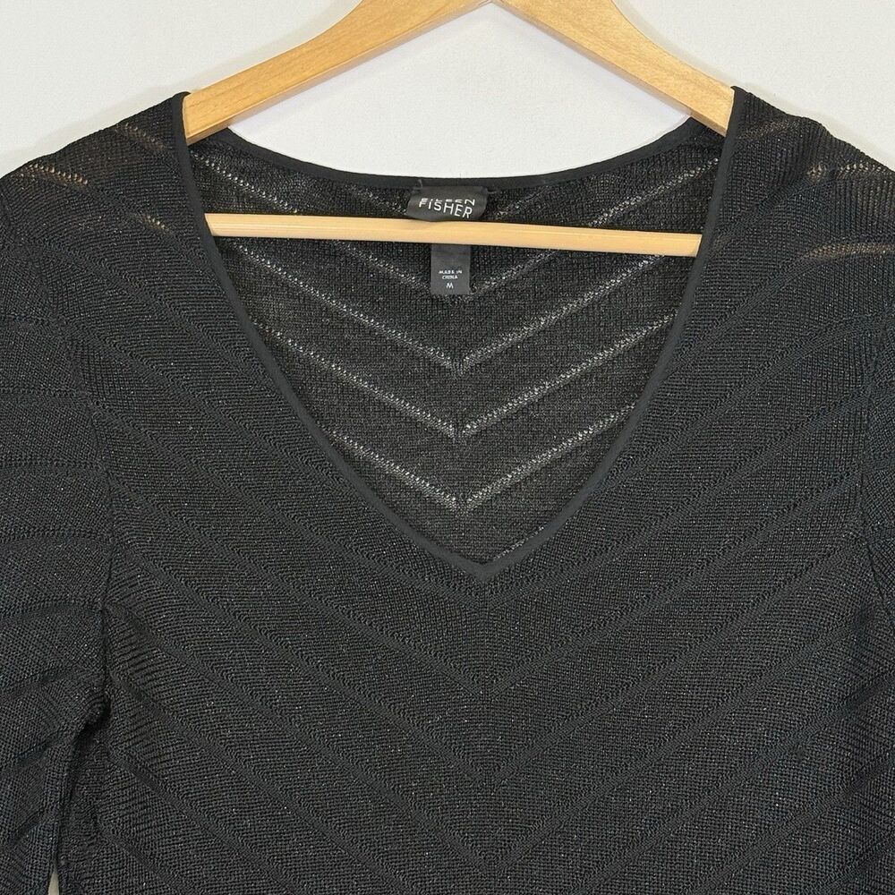 Eileen Fisher Sweater Top Women Medium Black Chevron Metallic Quiet Luxe Office - Picture 2 of 5